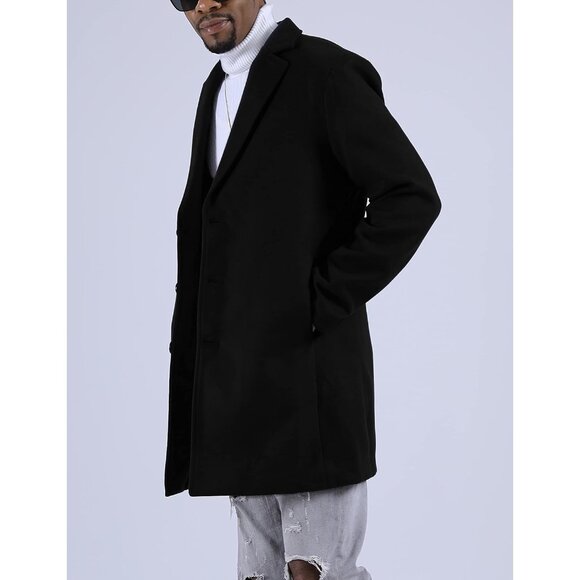 Men's Black Wool Blend Pea Coat Notched Collar  Breasted Winter Trench Coat - Picture 3 of 9